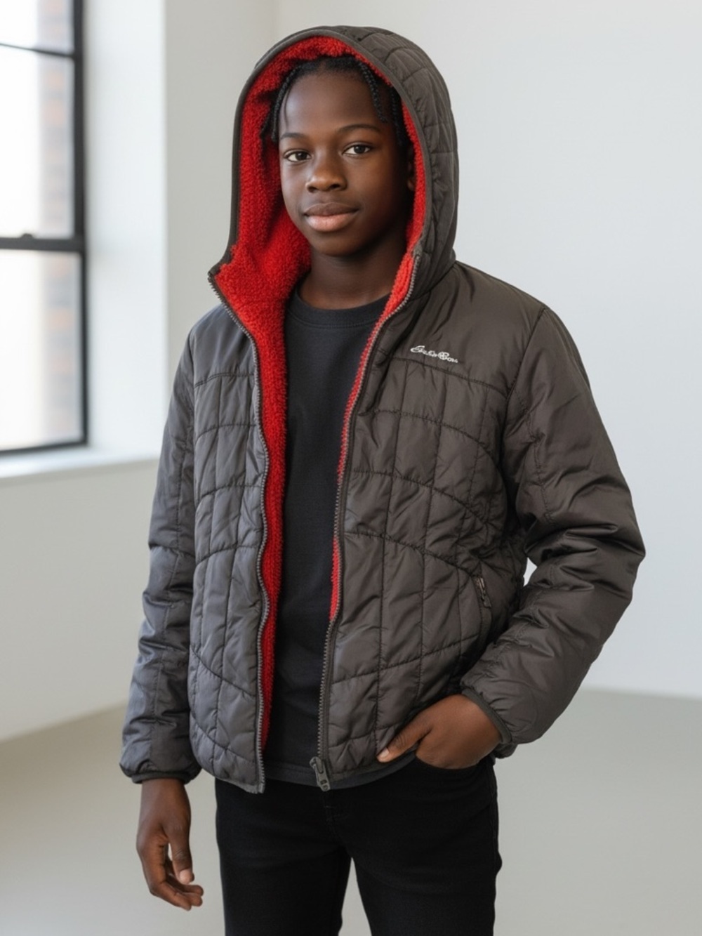 Eddie Bauer Reversible Jacket Kids S 7/8 Gray Puffer Orange Sherpa Hooded Coat